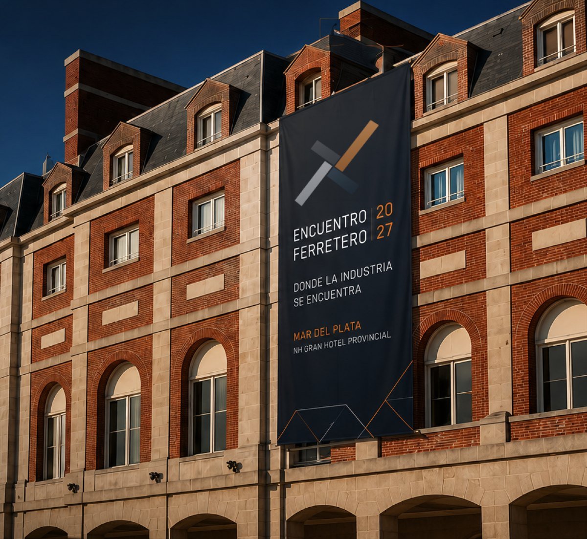 Fachada del NH Gran Hotel Provincial de Mar del Plata con el banner del Encuentro Ferretero 2027